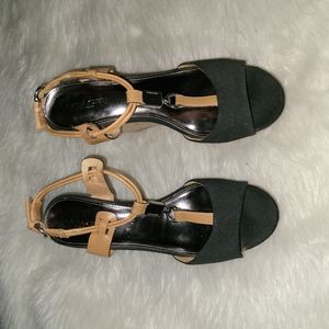 Y2K Coach Size 7.5 B Black Fabric Tan Cork Wedges